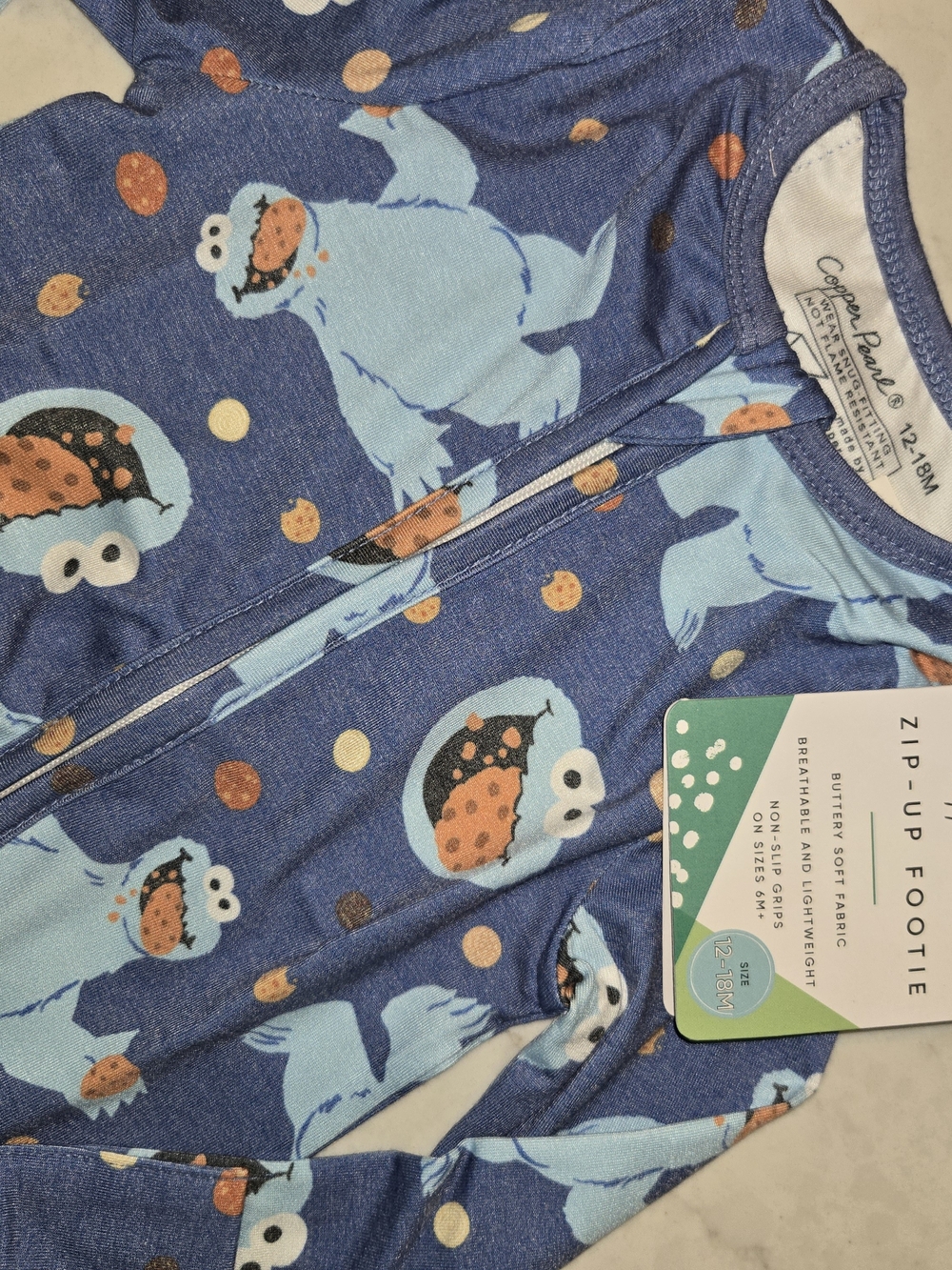 Copper Pearl Blue Cookie Monster Zip Front Footie with Cookie Print
